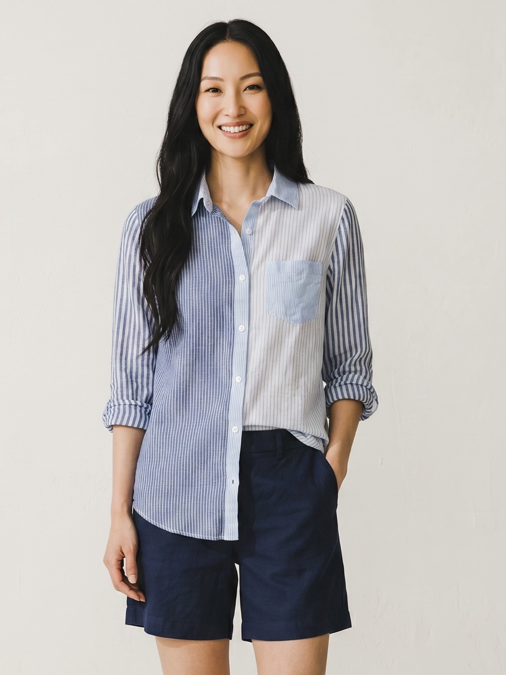Japna Mixed Stripe Cotton Button Front Shirt Coastal Classic Lightweight summer